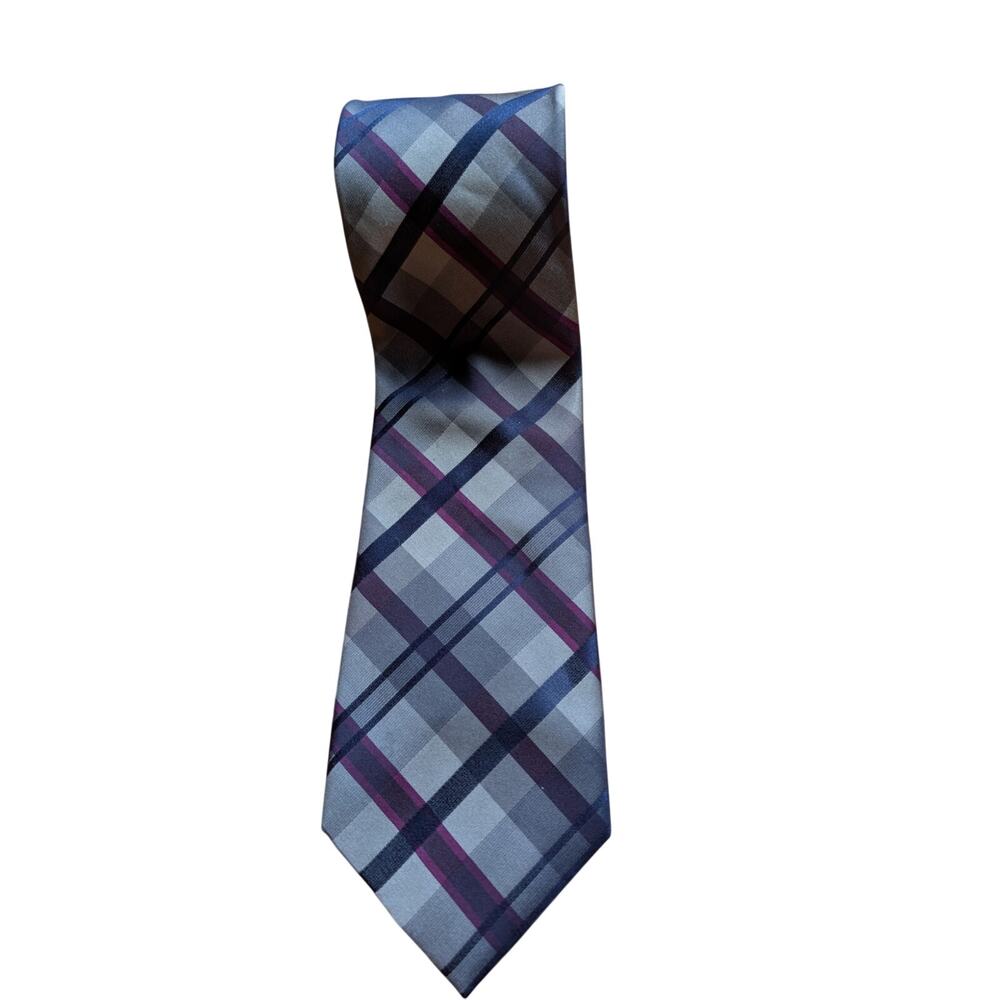 Calvin Klein silk tie plaid Tartan Check gray burgundy wedding workwear formal